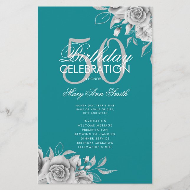 Floral 50th Birthday Program Silver Teal w/ Menu Flyer (Front)