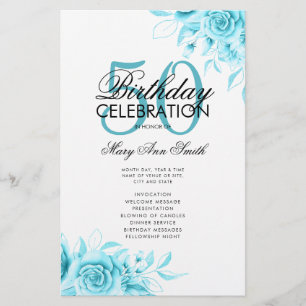 Floral 50th Birthday Program Teal w/ Menu Flyer