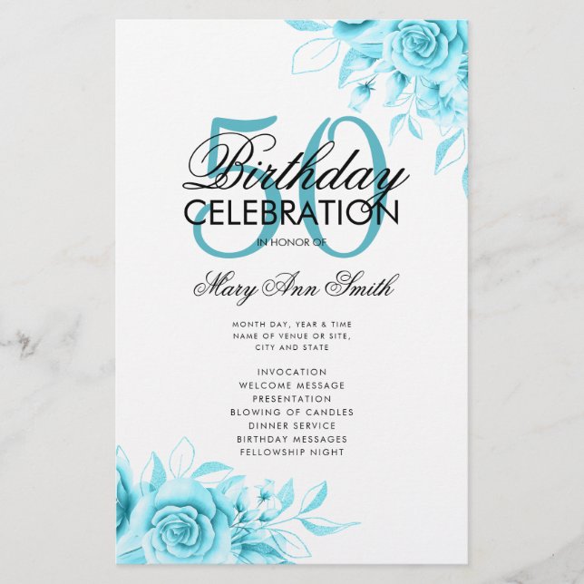Floral 50th Birthday Program Teal w/ Menu Flyer (Front)
