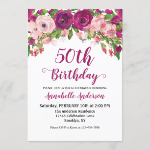 Floral 50th Birthday Purple Pink Watercolor Modern Invitation