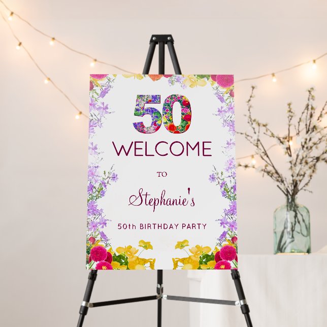 Floral 50th Birthday Welcome Sign 50 foam board (In Situ (Stand))