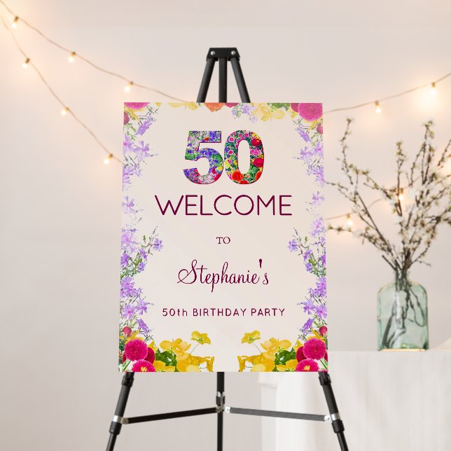 Floral 50th Birthday Welcome Sign 50 foam board (In Situ (Stand))