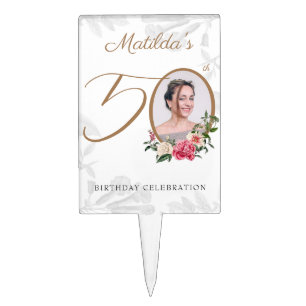 Floral 50th Birthday White Gold Custom Photo Cake Topper
