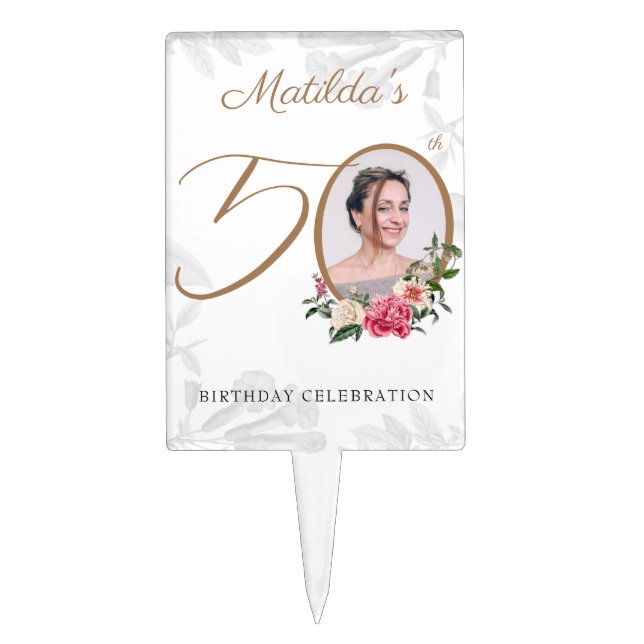 Floral 50th Birthday White Gold Custom Photo Cake Topper (Front)