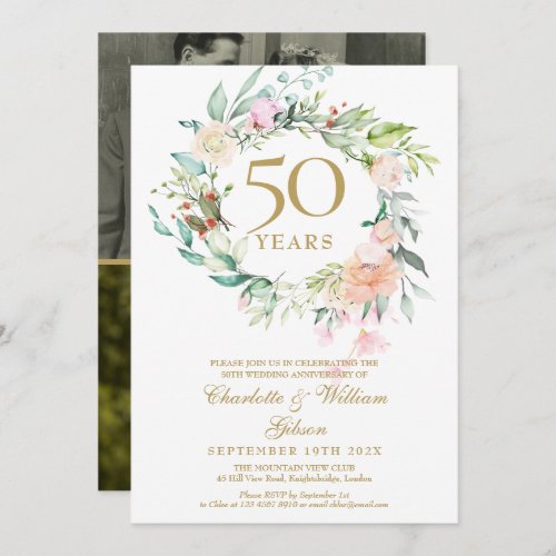 Floral 50th Golden Wedding Anniversary 2 Photo Invitation