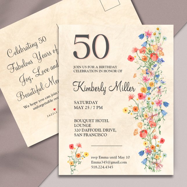 Floral 50th invitation flowers 50 years wildflower postcard (Creator Uploaded)