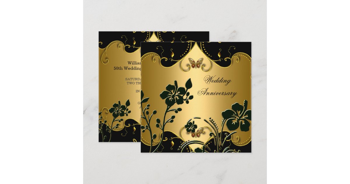 Floral 50th Wedding Anniversary Gold Black Invitation | Zazzle
