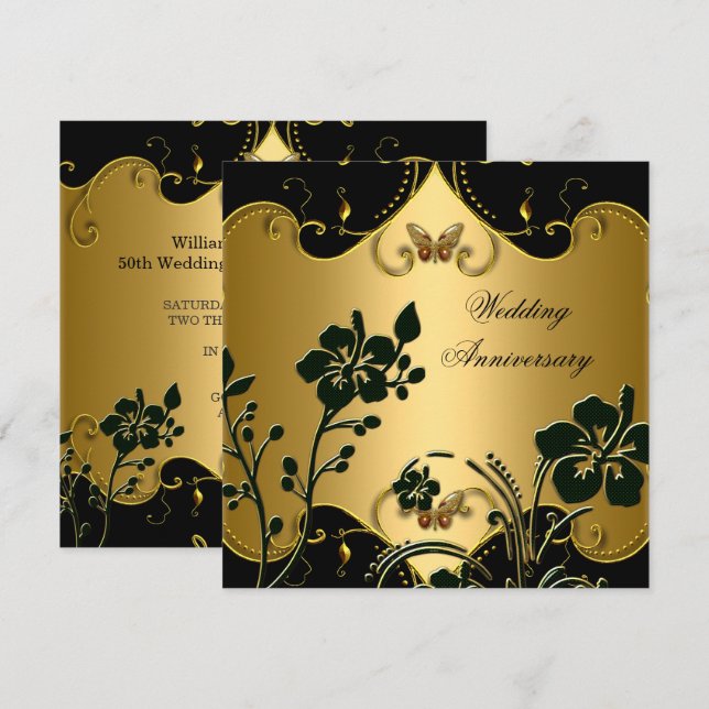Floral 50th Wedding Anniversary Gold Black Invitation (Front/Back)