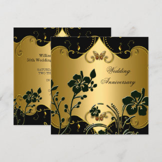 Floral 50th Wedding Anniversary Gold Black Invitation