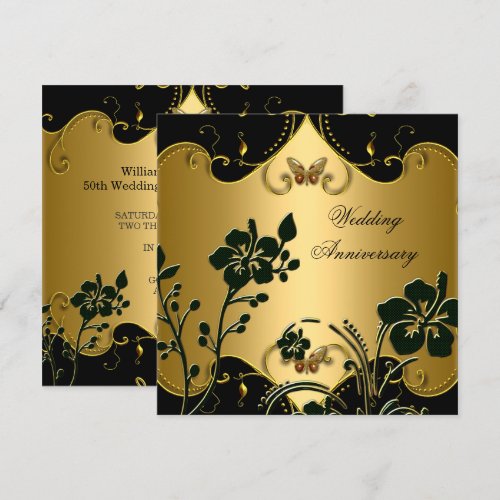 Floral 50th Wedding Anniversary Gold Black Custom Invitations