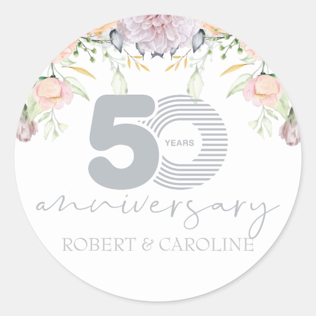 Floral 50th Wedding Anniversary Personalized Classic Round Sticker (Front)
