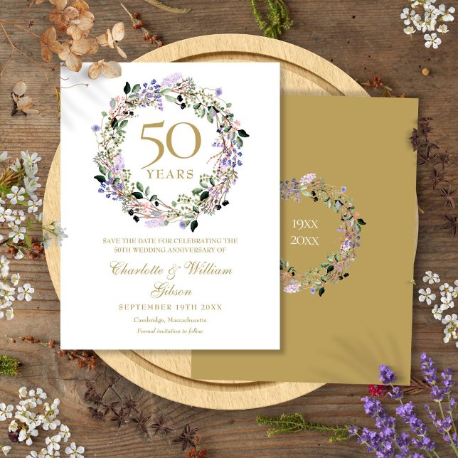 Floral 50th Wedding Anniversary Save the Date Announcement Postcard (Floral 50th Wedding Anniversary Save the Date Announcement Postcard)