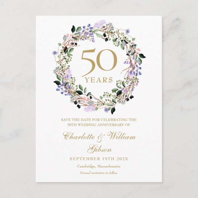 Floral 50th Wedding Anniversary Save the Date Announcement Postcard (Front)