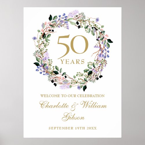 Floral 50th Wedding Anniversary Welcome Sign