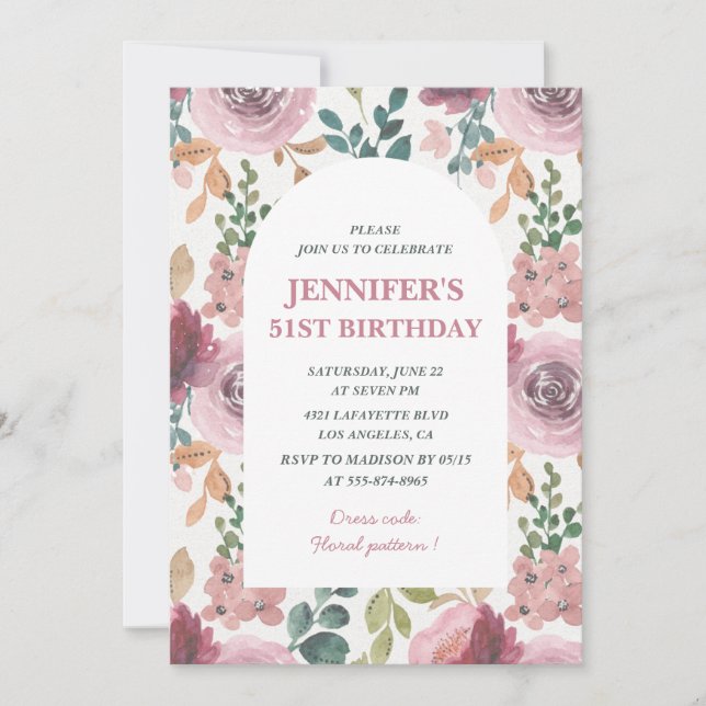Floral 51st birthday invitations Chic Watercolor (Front)