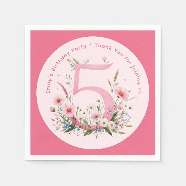 Floral 5th Birthday Custom Five Fairy Princess Napkins (Front)