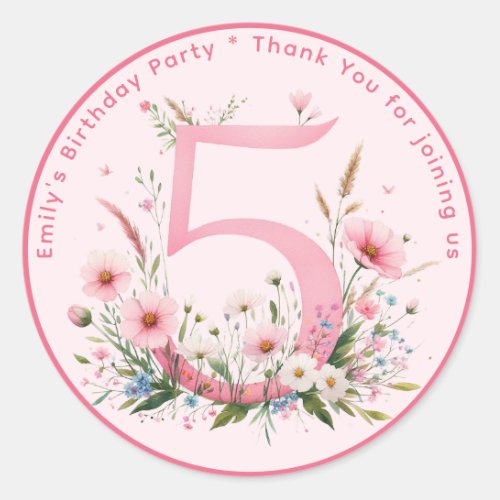 Floral 5th Birthday Thank You Favor Five Custom Classic Round Sticker