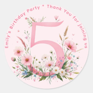 Floral 5th Birthday Thank You Favor Five Custom Classic Round Sticker