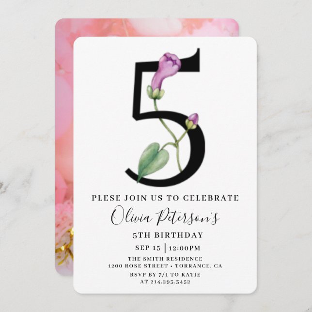 Floral 5th Birthday With Custom Photo Invitation  (Front/Back)