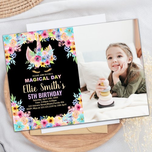 Floral 5th Photo Unicorn Birthday Invitations