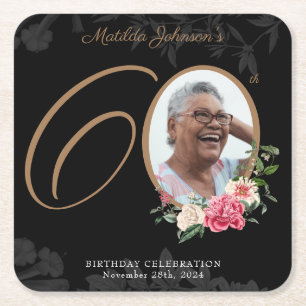 Floral 60th Birthday Black Gold Custom Photo Square Paper Coaster