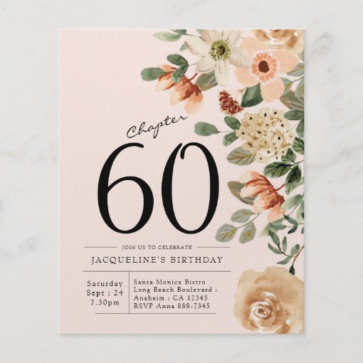 Floral 60th Birthday Budget Invitation Flyer | Zazzle