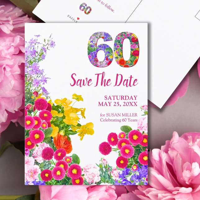 Floral 60th Birthday – Colorful Garden Design Announcement Postcard (Creator Uploaded)