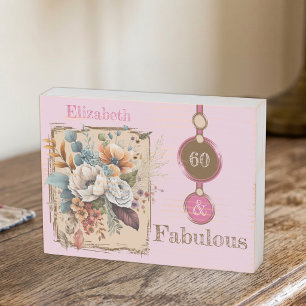 Floral 60th birthday custom name pink rustic wooden box sign