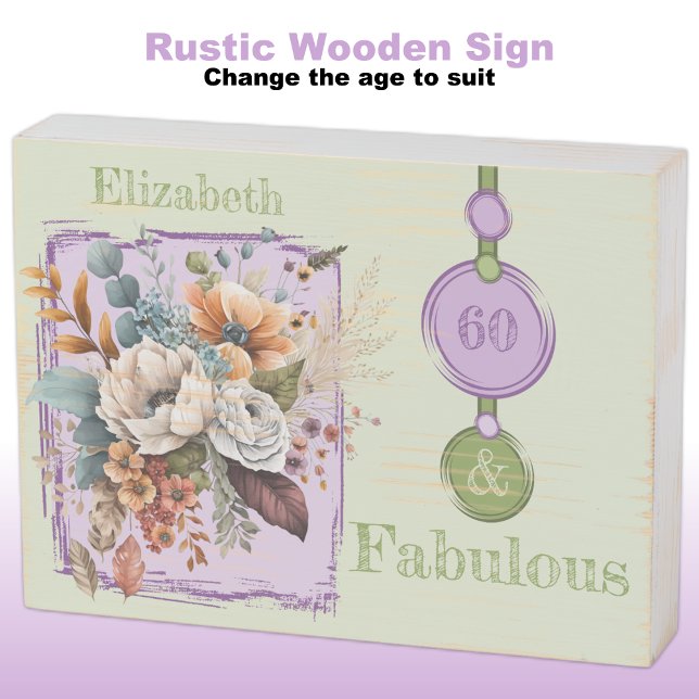 Floral 60th birthday custom name purple rustic wooden box sign (Creator Uploaded)