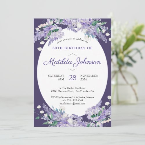 Floral 60th Birthday Dark Purple Wisteria Elegant Invitation