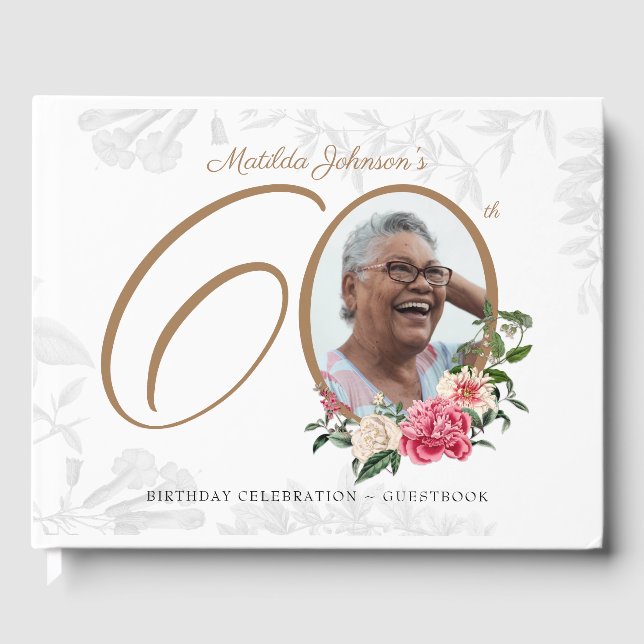 Floral 60th Birthday Elegant Calligraphy Custom Guest Book (Front)