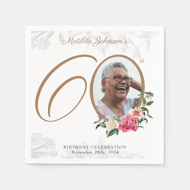 Floral  60th Birthday Elegant Foliage Custom Photo Napkins (Front)