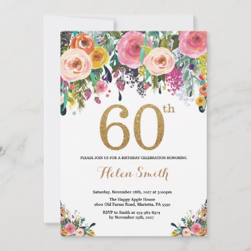 Floral 60th Birthday Invitation Gold Glitter