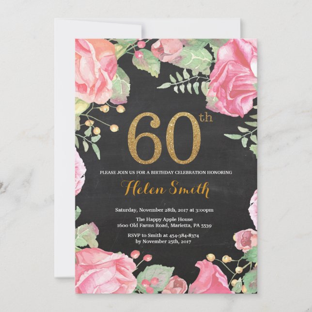 Floral 60th Birthday Invitation Gold Glitter (Front)