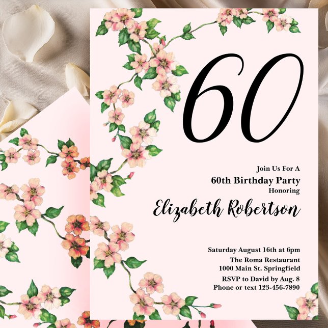 Floral 60th Birthday Invitation in Blush Pink (Creator Uploaded)