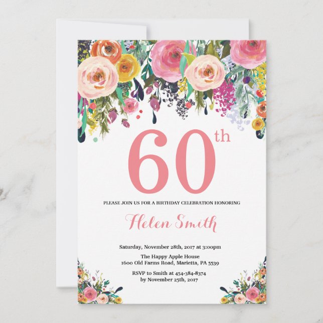 Floral 60th Birthday Invitation Pink (Front)