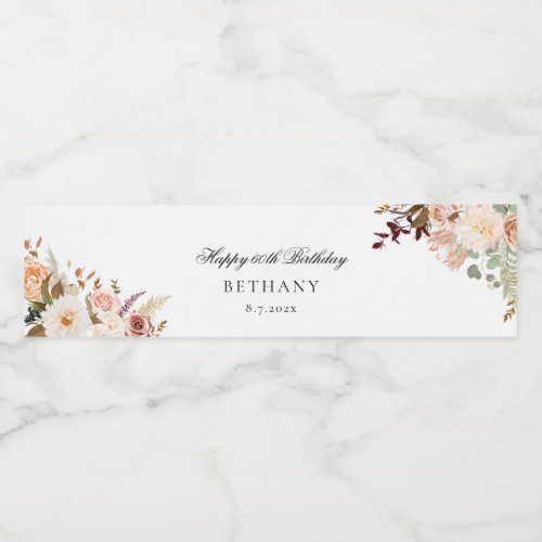 Floral 60th Birthday Party Custom Water Bottle Label