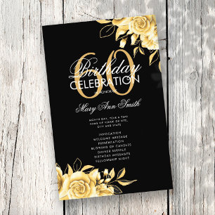 Floral 60th Birthday Program Gold & Black w/ Menu Flyer