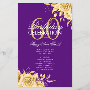 Floral 60th Birthday Program Gold & Purple w/ Menu