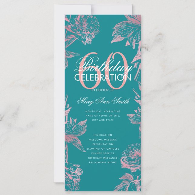 Floral 60th Birthday Program Rose Gold Teal Menu (Front)