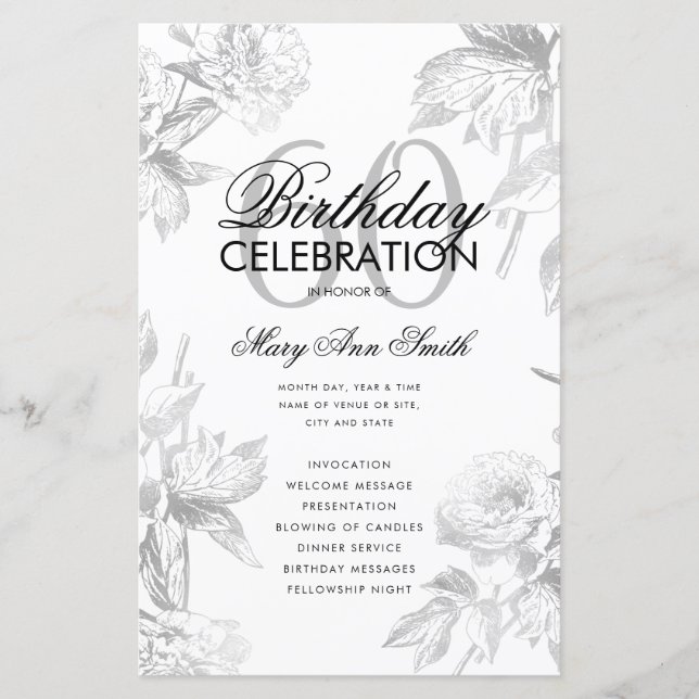 Floral 60th Birthday Program Silver Menu (Front)