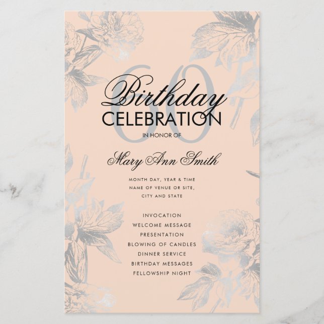 Floral 60th Birthday Program Silver Menu Blush  (Front)