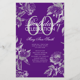 Floral 60th Birthday Program Silver Purple Menu Flyer