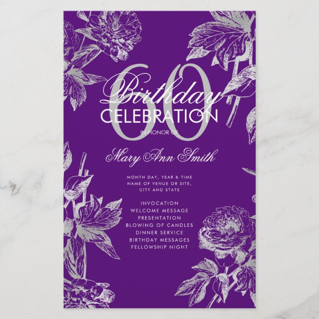 Floral 60th Birthday Program Silver Purple Menu Flyer (Front)