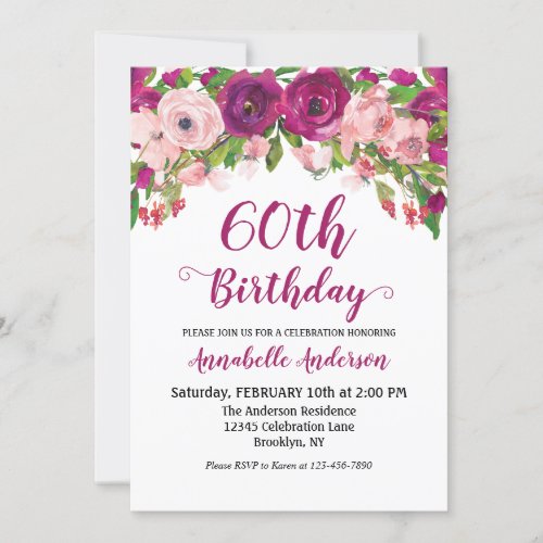 Floral 60th Birthday Purple Pink Watercolor Modern Invitation