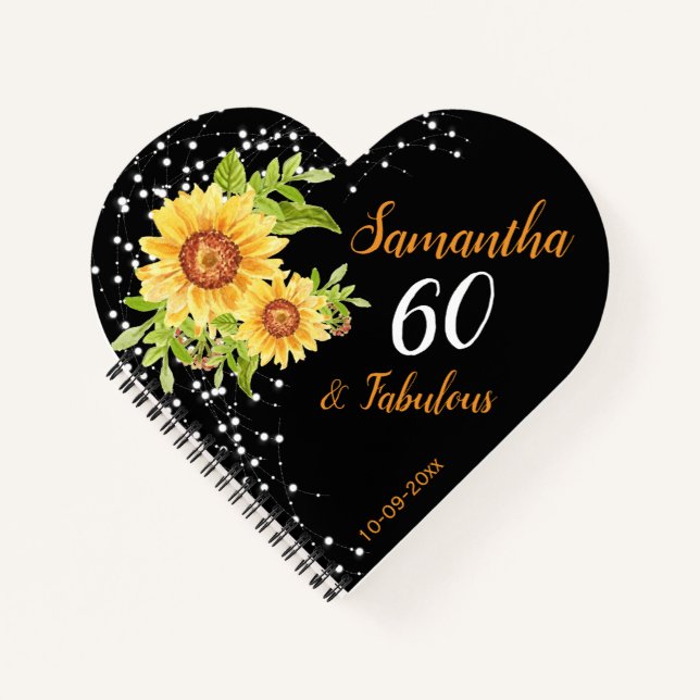 Floral 60th Birthday Sunflower Black Guest Notebook (Front)