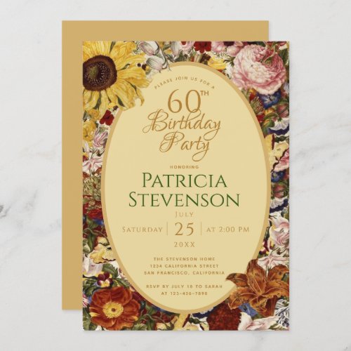 Floral 60th Birthday Sunflower Roses Lilies Invitation