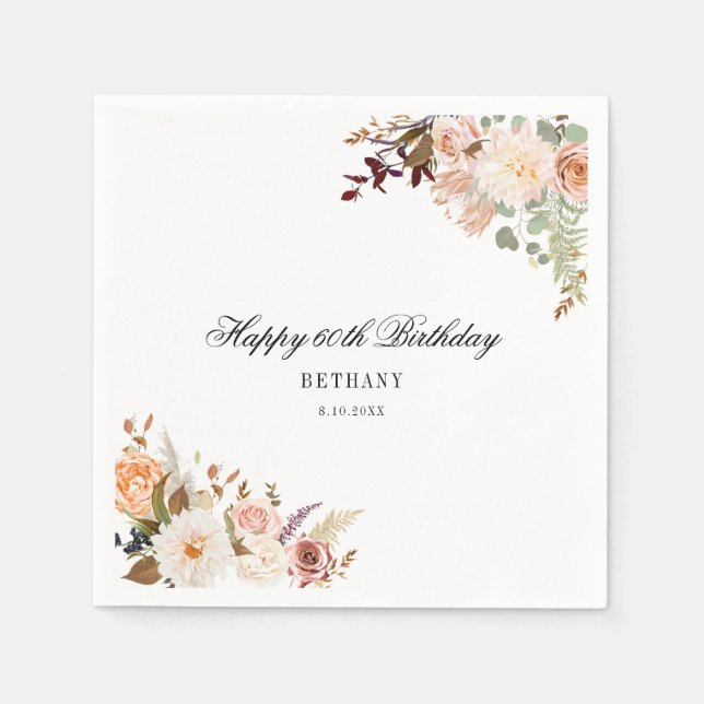 Floral 60th Birthday Surprise Party Paper Napkins (Front)