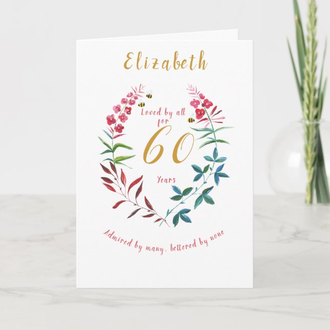Floral 60th Birthday Watercolor Red Blue flowers Card (Front)