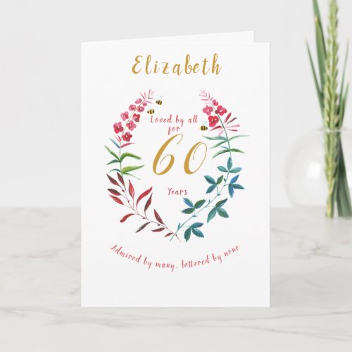 Floral 60th Birthday Watercolor Red Blue flowers Card